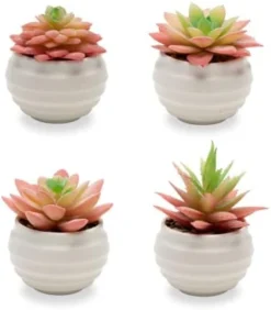 VIVERIE Rose Pink Faux Succulents In White Ceramic Pot Set Of 4 - Plant Gifts, Cute Aesthetic Pink Room, Home Decor Accents, Centerpieces, Bathroom Decor, Mum Gifts, Cactus Decor, Succulents Wedding -Nearly Natural Store 31 oXGuY0PL. AC