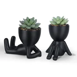 Galiejar Fake Succulents,Mini Succulents Plants Artificial With Ceramic Pots,Cute Home Decor Bathroom Decor Desk Decor Bedroom Decor Office Decor For Women (2Pack, Black)
