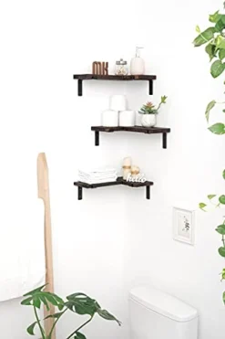 Mkono Corner Floating Shelves Wall Shelf Set Of 3, Shelves For Wall Storage, Rustic Wood Wall Mounted Display Shelves For Bathroom Bedroom Kitchen Garage, Brown