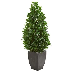 Nearly Natural 56-in. Bay Leaf Cone Topiary Artificial UV Resistant In Black Planter (Indoor/Outdoor) Silk Trees Green