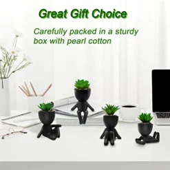 4 PCS Fake Succulent With Ceramic Artificial Succulent Planter Pot For Home Decor, Cute Human Shaped Mini Pots For Office Desk Bathroom Decorations (Matte Black) -Nearly Natural Store 413829TssFL