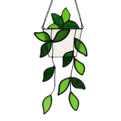 BOXCASA Green Plants Artificial Decor,Handcrafted Green Fake Plant Stained Glass Window Hanging,Faux Plant Suncatchers Decoration Gifts For Plant Lovers,Plant Gift For Mother Nana Grandma Aunt