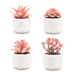 VIVERIE Rose Pink Faux Succulents In White Ceramic Pot Set Of 4 - Plant Gifts, Cute Aesthetic Pink Room, Home Decor Accents, Centerpieces, Bathroom Decor, Mum Gifts, Cactus Decor, Succulents Wedding