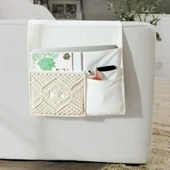 Mkono Couch Bedside Caddy Boho Remote Control Holder Macrame Armrest Storage Sofa Organizer With 4 Pockets For Magazine, Books, Tablet, Sunglasses, Cell Phone, IPad, Home Dorm Room Decor, Ivory -Nearly Natural Store 417pgczIYDL