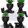 4 PCS Fake Succulent With Ceramic Artificial Succulent Planter Pot For Home Decor, Cute Human Shaped Mini Pots For Office Desk Bathroom Decorations (Matte Black)