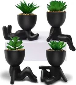 4 PCS Fake Succulent With Ceramic Artificial Succulent Planter Pot For Home Decor, Cute Human Shaped Mini Pots For Office Desk Bathroom Decorations (Matte Black) -Nearly Natural Store 419TyiEGgUL. AC