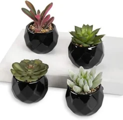 MyGift Miniature Artificial Succulents, Indoor Fake House Plants In Round White Geometric Ceramic Pots, Set Of 4 -Nearly Natural Store 41A2a7nChAL. AC