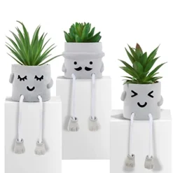 Creative Succulent Plants Potted, Mini Artificial Decorative Potted Plants With Grey Pots - Set Of 3