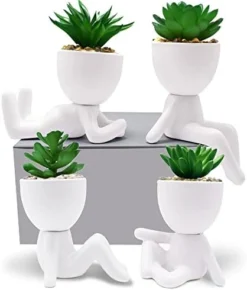 4 PCS Fake Succulent With Ceramic Artificial Succulent Planter Pot For Home Decor, Cute Human Shaped Mini Pots For Office Desk Bathroom Decorations (Matte Black) -Nearly Natural Store 41DhSP1q9GL. AC