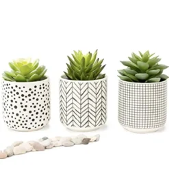 Kurrajong Farmhouse Artificial Succulents In Pots | Set Of 3 Black And White Ceramic Pots With Green Succulents Artificial | Faux Plants Indoor Fake Plants In Pots 4.75" High