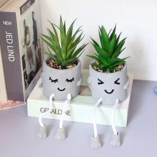 Sets Of 2 Artificial Potted Plant Small Fake Succulent Faux Plant Cute Hanging Leg Cement Potted Succulents Decor For Gift, Office Decoration, Home Décor (2 Smiley) 3 Sets Of 2 Artificial Potted Plant Small Fake Succulent Faux Plant Cute Hanging Leg Cement Potted Succulents Decor For Gift, Office Decoration, Home Décor (2 Smiley) - Image 3