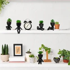 4 PCS Fake Succulent With Ceramic Artificial Succulent Planter Pot For Home Decor, Cute Human Shaped Mini Pots For Office Desk Bathroom Decorations (Matte Black) -Nearly Natural Store 41NxbtymVmL