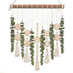 Boho Wall Decor Artificial Eucalyptus Wall Hanging Bathroom Decor Fake Eucalyptus Plants Greenery Leaves With Wooden Bead Garland On Stick Rustic Farmhouse Home Decorations For Bedroom Nursery Kitchen