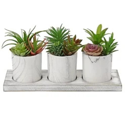 Briful Succulents Plants Artificial In Marble Pot Set Of 3 Small Fake Succulents Plants Faux Succulents With Wood Tray For Table Shelf Office Home Decorations