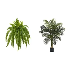 Nearly Natural 35” Boston Fern Artificial (Set Of 2) Silk Plants Green & 5357 4ft. Golden Cane Palm Tree,Green
