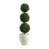 Nearly Natural 3.5ft. Boxwood Triple Ball Topiary Artificial Tree In White Planter (Indoor/Outdoor), Green