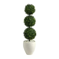 Nearly Natural 3.5ft. Boxwood Triple Ball Topiary Artificial Tree In White Planter (Indoor/Outdoor), Green