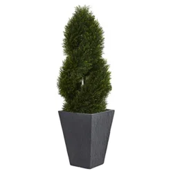 Nearly Natural 5703 Cypress Double Spiral Topiary In Slate Planter, 4' , Green