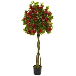 Nearly Natural 5â€™ Bougainvillea Artificial Topiary Tree, Red,26"D X 26"W X 5'H