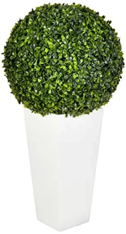 Nearly Natural 6404 Artificial Plant (Indoor/Outdoor) 28â€ Boxwood Topiary Ball In White Tower Planter, Green,15"Dx15"Wx28"H