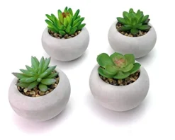 Artificial Succulent Plants In Cement Pots, Set Of 4 - Realistic Faux Potted Plant For Home, Apartment, Or Office - Decorative Fake Succulents - For Desk, Bookshelf, Or Kitchen