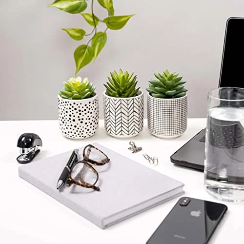 Kurrajong Farmhouse Artificial Succulents In Pots | Set Of 3 Black And White Ceramic Pots With Green Succulents Artificial | Faux Plants Indoor Fake Plants In Pots 4.75" High 3 Kurrajong Farmhouse Artificial Succulents In Pots | Set Of 3 Black And White Ceramic Pots With Green Succulents Artificial | Faux Plants Indoor Fake Plants In Pots 4.75" High - Image 3