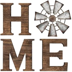 Mkono Farmhouse Wall Decor Wooden Home Sign With Metal Windmill For O Rustic Hanging Home Letters Decorative Wall Art Decor Signs For Living Room Kitchen Bedroom Entryway House, Brown