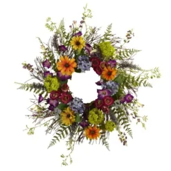 Nearly Natural 24-Inch Spring Garden Wreath With Twig Base, Multicolored/Green & 4578 Garden Flower Teardrop,24"