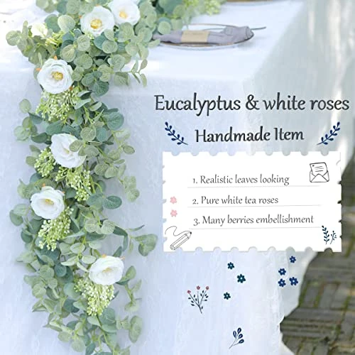 PARTY JOY 6.56ft Eucalyptus Garland With Flowers-8 White Roses, Artificial Fake Flowers Greenery Garland Floral Vines For Decoration Party Wedding Table Indoor Outdoor Backdrop Wall Decor(White) 2 PARTY JOY 6.56ft Eucalyptus Garland With Flowers-8 White Roses, Artificial Fake Flowers Greenery Garland Floral Vines For Decoration Party Wedding Table Indoor Outdoor Backdrop Wall Decor(White) - Image 2