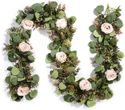Miracliy 6 Ft Eucalyptus Garland With Flowers, Lambs Ear Greenery White Roses Flower Garland Fake Vines For Wedding Boho Table Mantle Backdrop Party Farmhouse Home Decor -Nearly Natural Store 519tWagLg0L. AC
