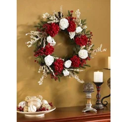 Nearly Natural 4899 Hydrangea With White Roses Wreath, 24-Inch, Red /White/Green