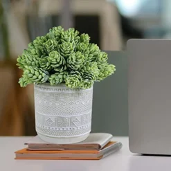 Set Of 3 Assorted Small Potted Succulent Plants Fake Aloe String Of Pearls Hops Succulents In Gray Geometric Concrete Ceramic Pots For Gifts Modern Home Office Desk Table Indoor Outdoor Greenery Decor -Nearly Natural Store 51Bk7yg2DuL