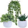 Winlyn 3 Pcs Assorted Small Potted Succulent Plants Artificial Aloe Hanging Succulent In White Geometric Concrete Ceramic Pots For Gift Party Wedding Favors Windowsill Table Shelf Indoor Outdoor Decor
