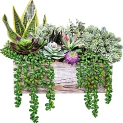 14 Pcs Assorted Artificial Succulents Fake Plants In Rectangular Wooden Pots Artificial Potted Succulents Plants Arrangement For Table Centerpiece Windowsill Shelf Mantel Tropical Greenery Decor