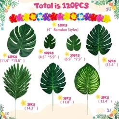 Moon Boat 120PCS Tropical Palm Leaves Plants Hibiscus Artificial-105Pcs 7 Kinds Green Fake Leaf+15pcs Flowers, Hawaiian/Luau/Safari Jungle Party Table Decorations -Nearly Natural Store 51GSI50g8aL