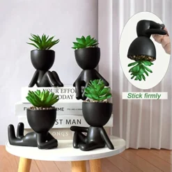 4 PCS Fake Succulent With Ceramic Artificial Succulent Planter Pot For Home Decor, Cute Human Shaped Mini Pots For Office Desk Bathroom Decorations (Matte Black) -Nearly Natural Store 51HVR3WxqXL