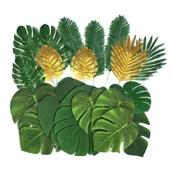 86Pcs 8Kinds Artificial Tropical Palm Leaves Jungle Safari Leaves Faux Plant Golden Leaves Decorations For Hawaiian Beach Birthday Luau Party Table Decorations