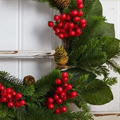 Nearly Natural 24 In. Magnolia Leaf, Berry And Pine Artificial Wreaths, Green -Nearly Natural Store 51HzK5mm7xL