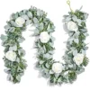 Miracliy 6 Ft Eucalyptus Garland With Flowers, Lambs Ear Greenery White Roses Flower Garland Fake Vines For Wedding Boho Table Mantle Backdrop Party Farmhouse Home Decor