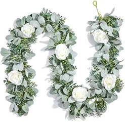 Miracliy 6 Ft Eucalyptus Garland With Flowers, Lambs Ear Greenery White Roses Flower Garland Fake Vines For Wedding Boho Table Mantle Backdrop Party Farmhouse Home Decor