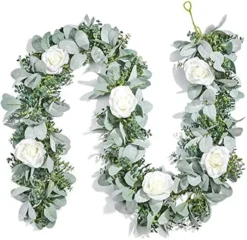 Miracliy 6 Ft Eucalyptus Garland With Flowers, Lambs Ear Greenery White Roses Flower Garland Fake Vines For Wedding Boho Table Mantle Backdrop Party Farmhouse Home Decor -Nearly Natural Store 51INLJdyPnS. AC 1