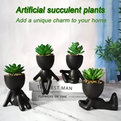 4 PCS Fake Succulent With Ceramic Artificial Succulent Planter Pot For Home Decor, Cute Human Shaped Mini Pots For Office Desk Bathroom Decorations (Matte Black) -Nearly Natural Store 51KNgRV85xL