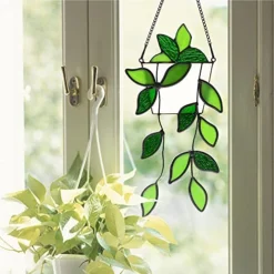 BOXCASA Green Plants Artificial Decor,Handcrafted Green Fake Plant Stained Glass Window Hanging,Faux Plant Suncatchers Decoration Gifts For Plant Lovers,Plant Gift For Mother Nana Grandma Aunt -Nearly Natural Store 51LWbBJ9TNL