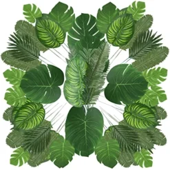 Auihiay 90 PCS 6 Kinds Monstera Leaves Palm Leaves Tropical Party Decorations Jungle Leaf With Stem For Tropical Leaves Decorations Beach Birthday Jungle Party Palm Leaves Decorations
