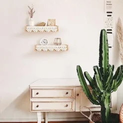 Mkono Macrame Floating Shelves Boho Wall Decor Set Of 2 Natural Wood Hanging Storage Shelf For Bedroom Bathroom Living Room Nursery Dorm Room, Display Shelving For Hanging Plants Photos -Nearly Natural Store 51OIxSlqecL
