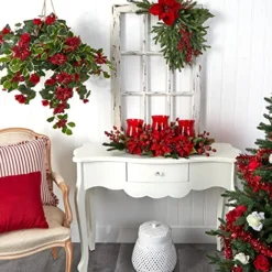 Nearly Natural 4914 Mini Poinsettia & Berry Triple Candelabrum, Red -Nearly Natural Store 51PRS11ZeRL