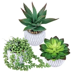 Set Of 3 Small Potted Succulent Plants Artificial Hanging Succulent Aloe In Gray Concrete Ceramic Pots With Geometry Textured For Party Favor Gift Windowsill Table Shelf Indoor Outdoor Greenery Decor