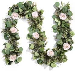 Miracliy 6 Ft Eucalyptus Garland With Flowers, Lambs Ear Greenery White Roses Flower Garland Fake Vines For Wedding Boho Table Mantle Backdrop Party Farmhouse Home Decor -Nearly Natural Store 51YdaozSoPL. AC
