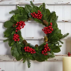 Nearly Natural 24 In. Magnolia Leaf, Berry And Pine Artificial Wreaths, Green -Nearly Natural Store 51YnuxIgKML