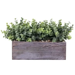 Faux Eucalyptus Plants In Rustic Rectangular Wood Planter Box Artificial Eucalyptus Greenery Arrangement Potted Plant In Dusty Green For Wedding Centerpiece Office Room Table Windowsill Décor